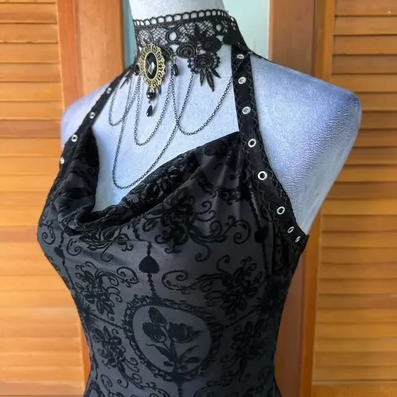 Gothic Victorian Vampire Dark Fairy Torture Garden Black Ruffle & Strap Dress - Picture 6 of 12